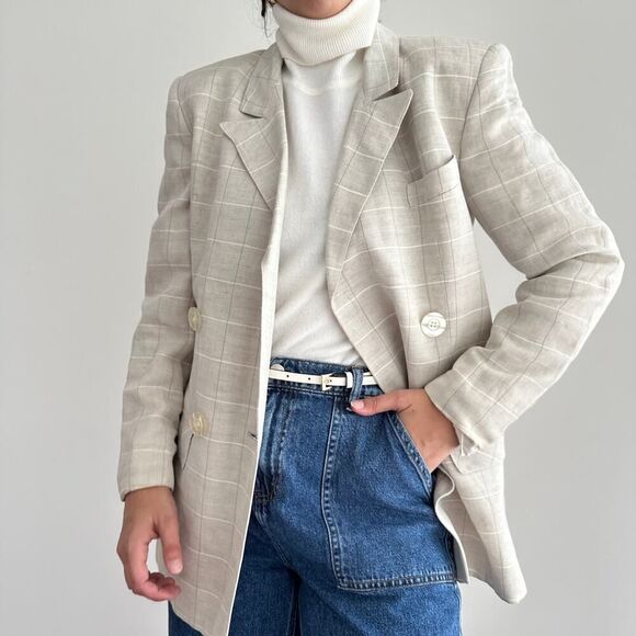 Vintage Linen Blend Jacket Women 6 Plaid Neutral Minimalist Old Money Equestrian - Picture 4 of 12